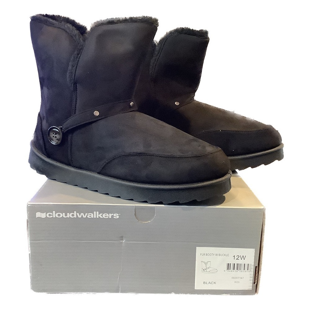Cloudwalkers WIDE FIT 7W Black Faux Fur Slip On Buckle Bootie HY08 - Picture 7 of 8
